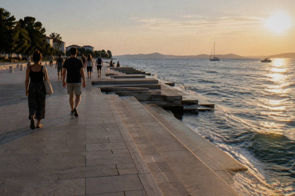 A guided walking group on Zadar's Old Town peninsula, stopping near the Sea Organ steps on the waterfront.