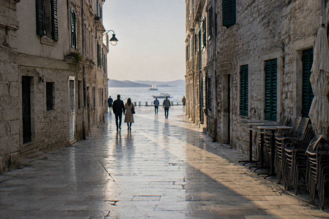 Polished limestone main street of Zadar old town in early morning, tall shuttered stone buildings and a few distant walkers
