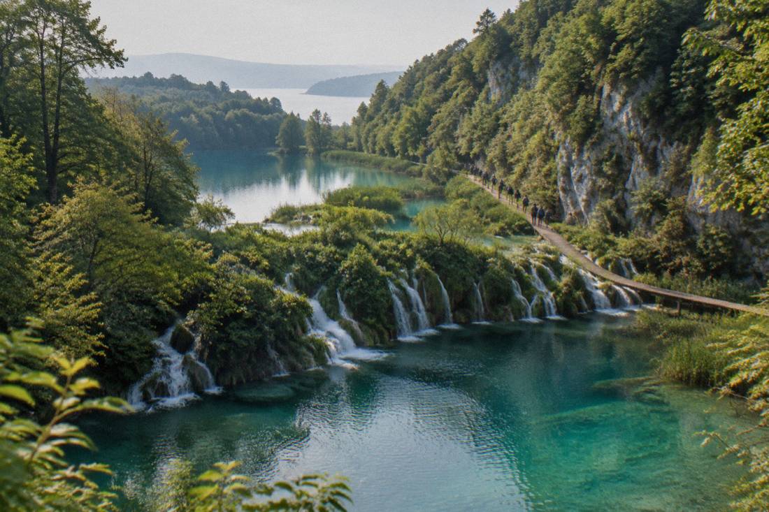 Turquoise terraced lakes joined by small waterfalls in green beech forest at Plitvice, a wooden boardwalk over the water