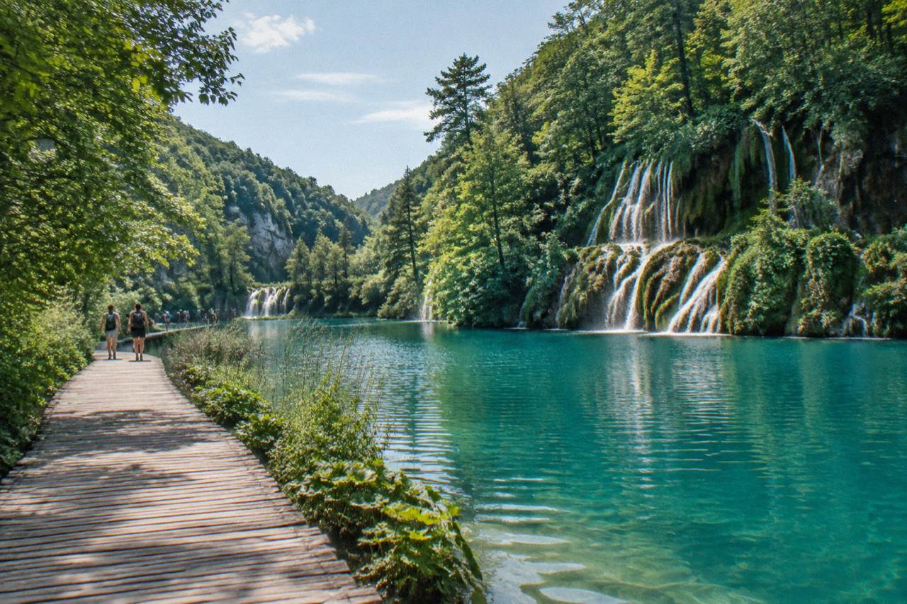 Wooden boardwalk crossing turquoise lakes with small waterfalls and forested hills at Plitvice Lakes National Park