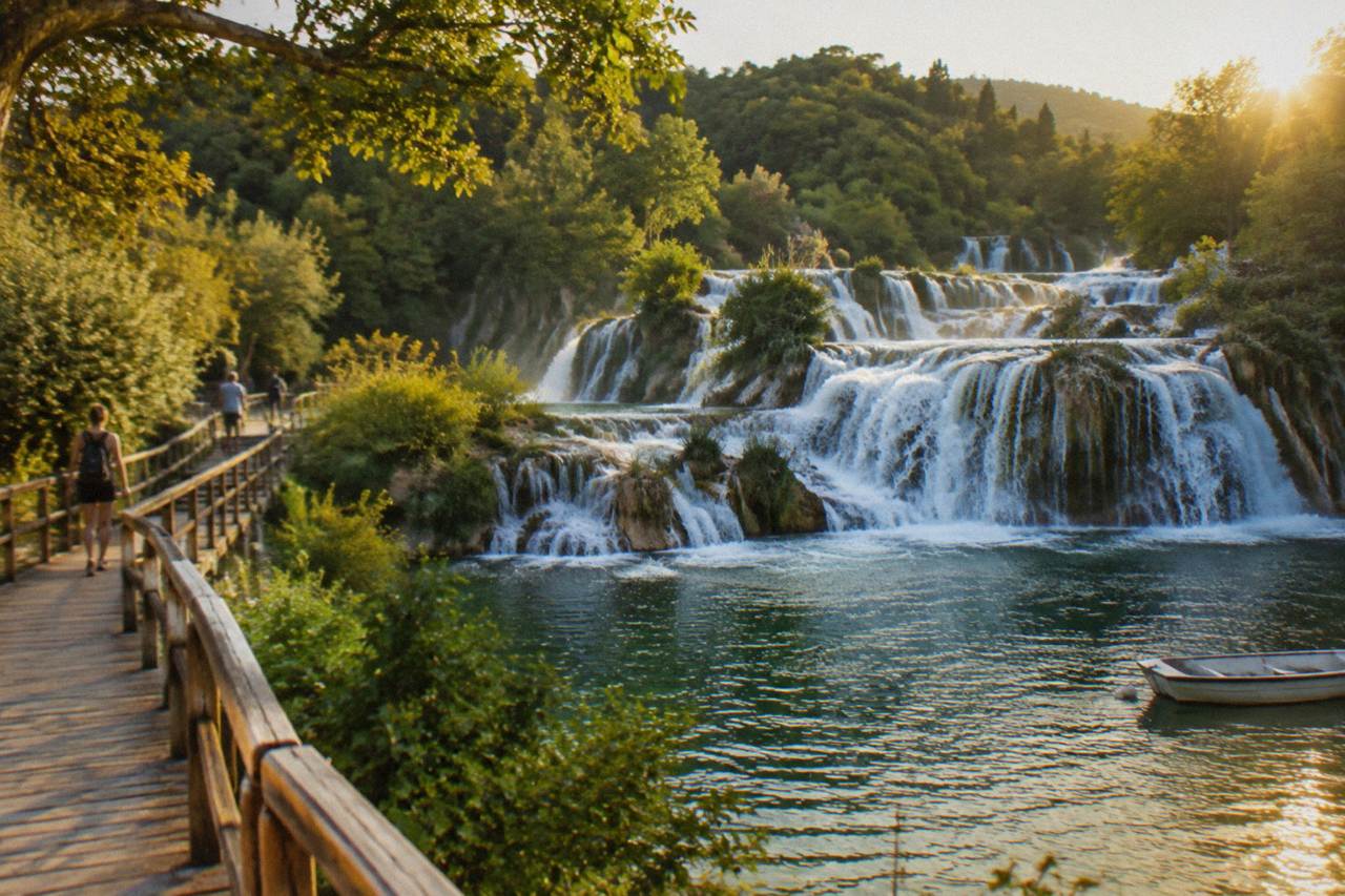 Wooden walkways crossing travertine barriers and cascades at Skradinski Buk in Krka National Park