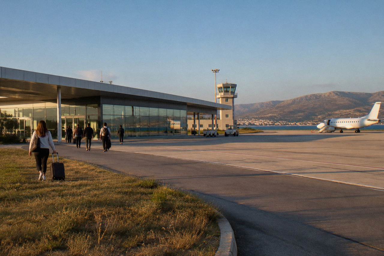 A low glass-fronted airport terminal under a blue sky with dry hills beyond, near Zadar