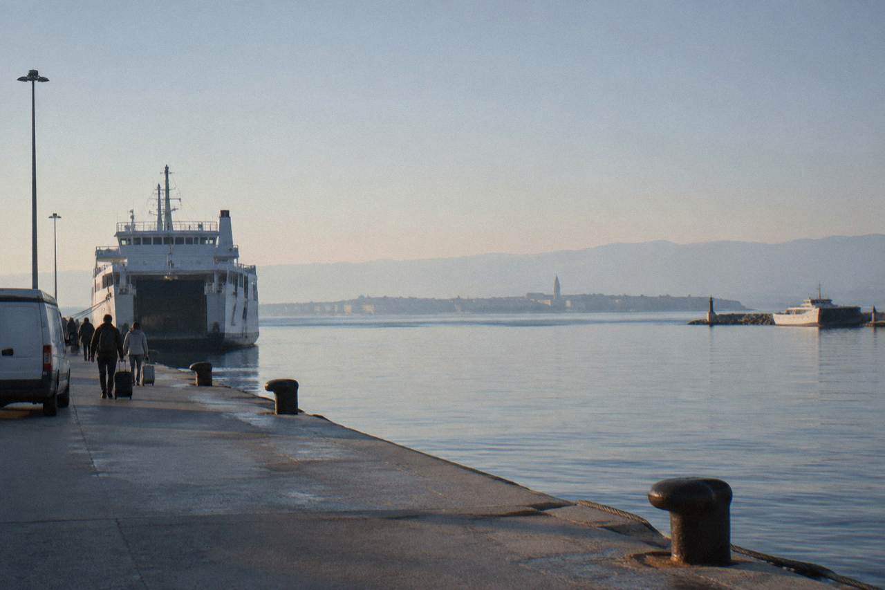 The Gaženica ferry quay with moored vessels and Zadar's peninsula in the distance across the bay