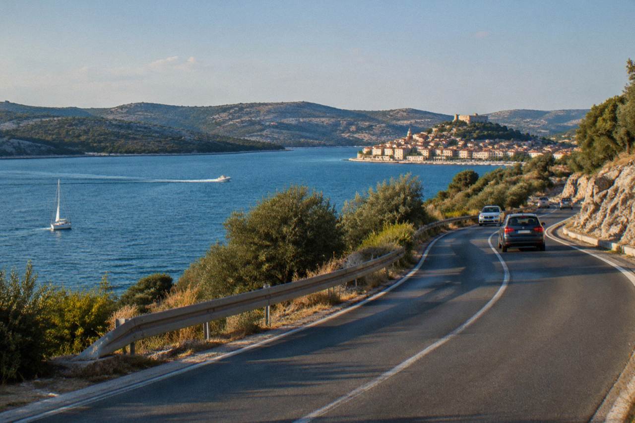 A coastal road above a bright blue bay near Šibenik with karst hills and olive groves