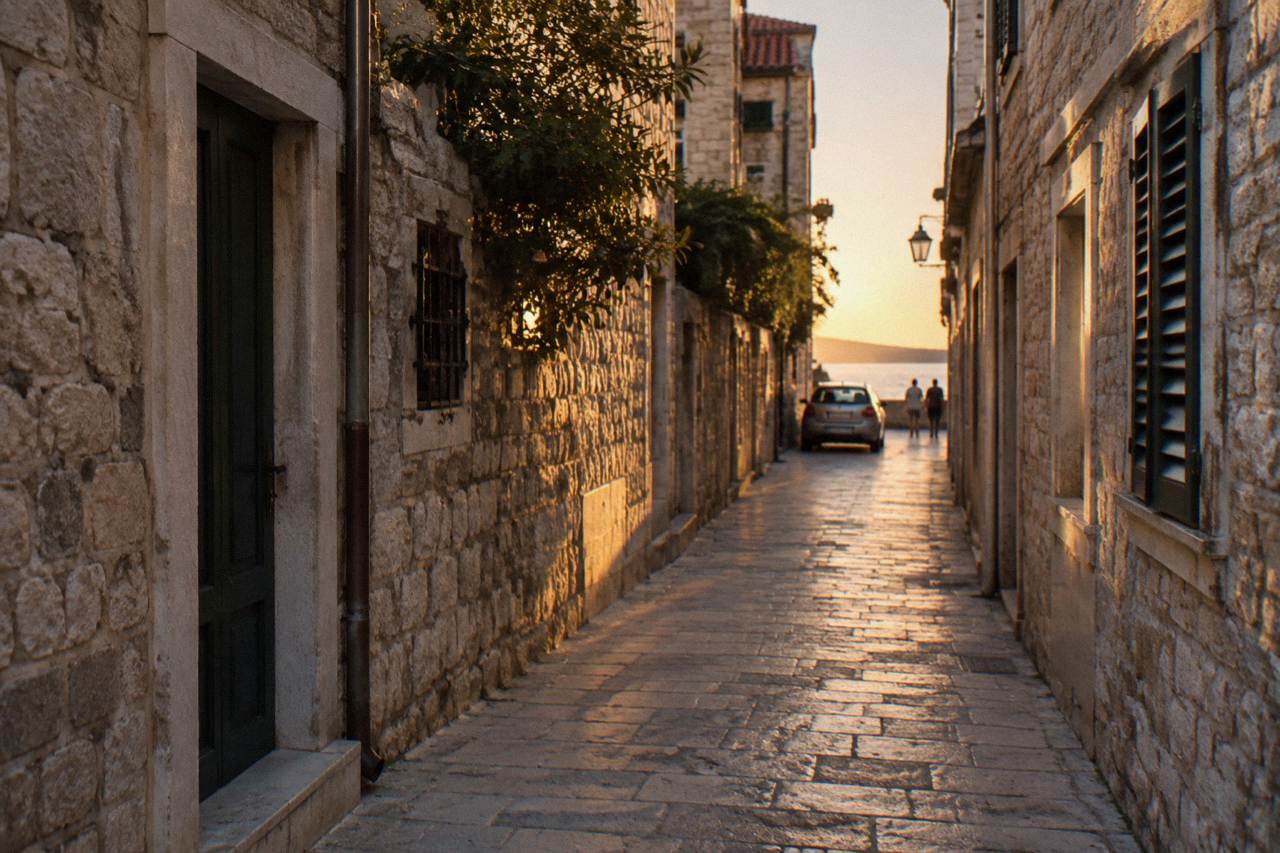 A narrow pale limestone lane between old stone houses in Zadar Old Town with a small parked car