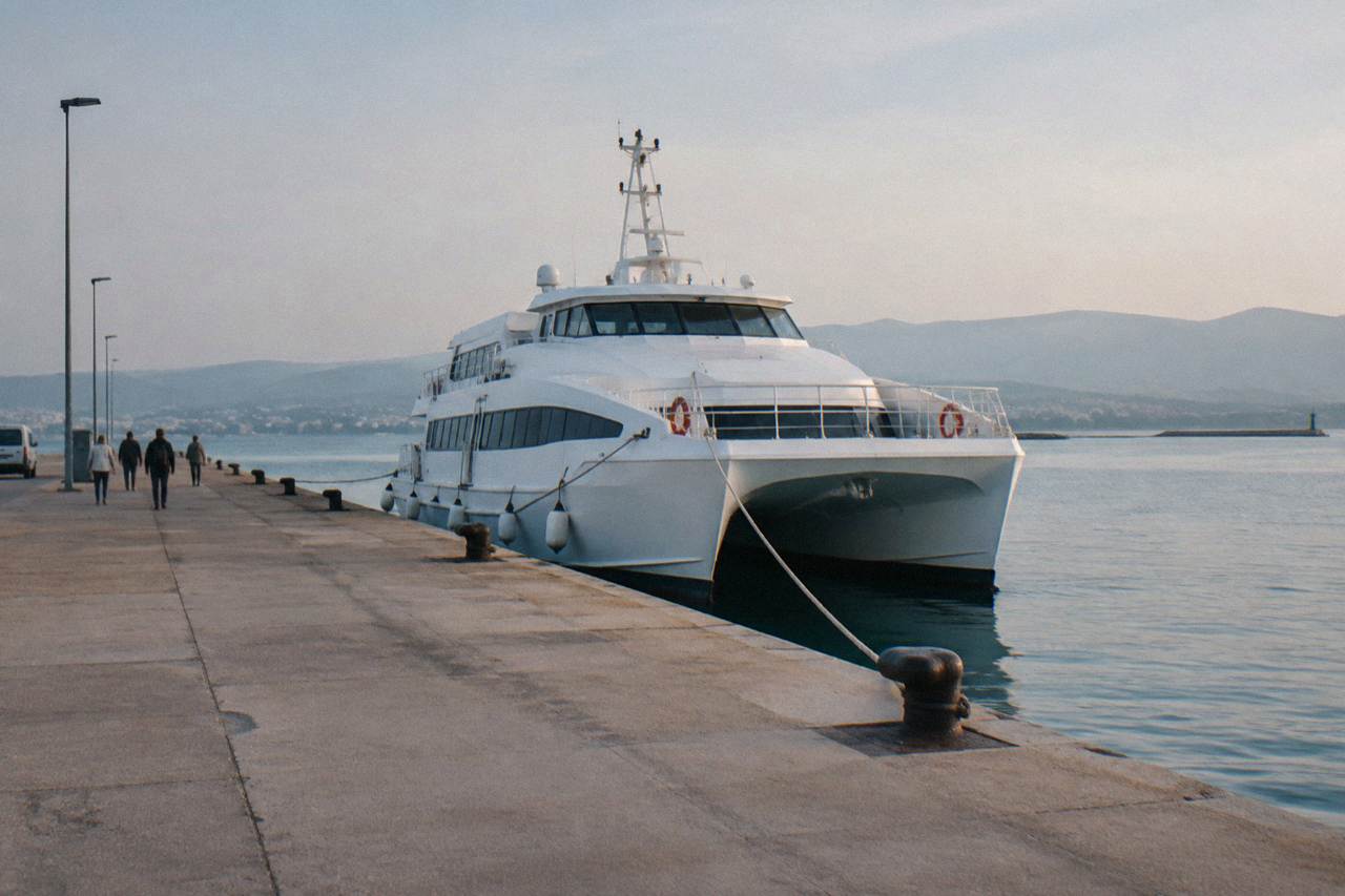 A white catamaran moored alongside the Gaženica quay with calm sea and pale hills beyond