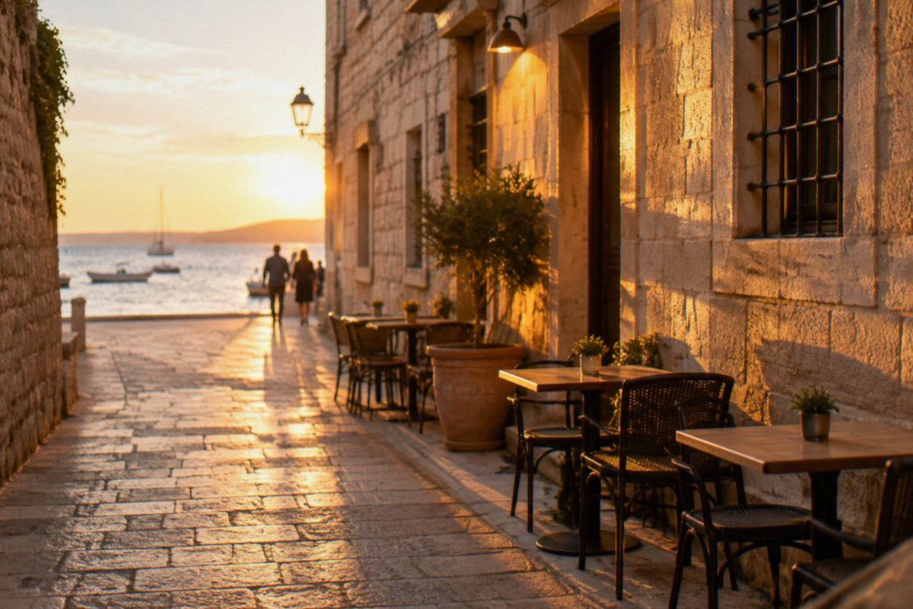 A narrow stone-paved lane in Zadar Old Town at golden hour with empty cafe chairs along the wall