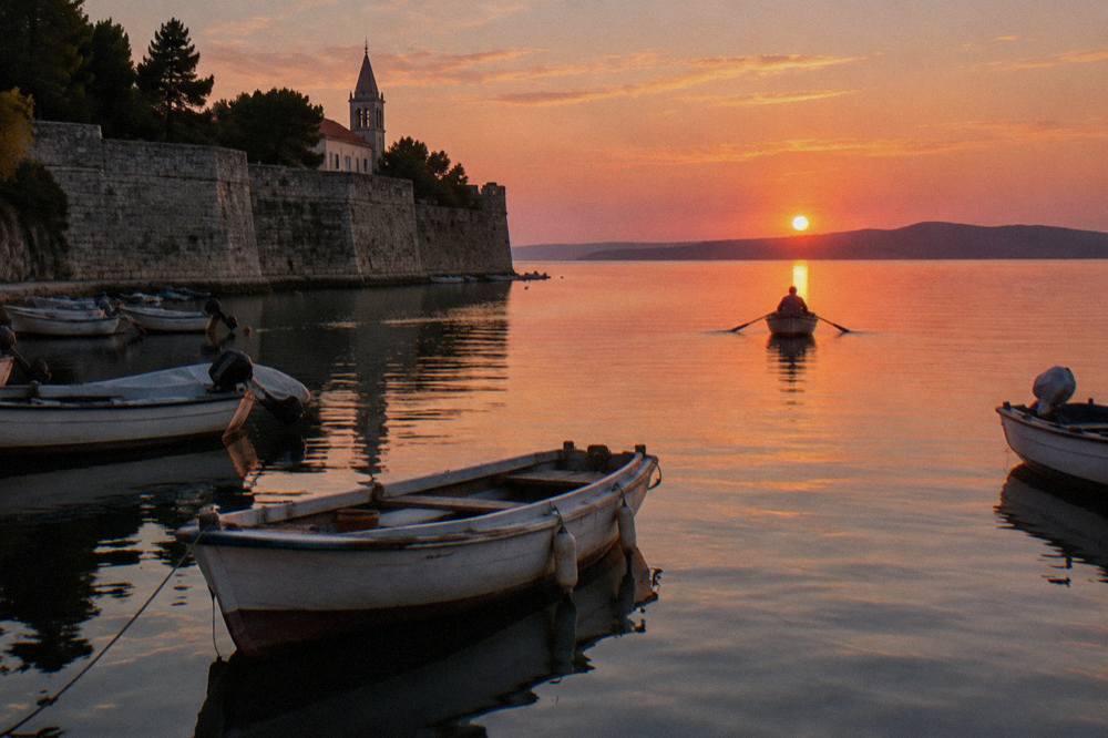 Small wooden rowboats moored in Foša harbour beneath the old town wall in warm evening light