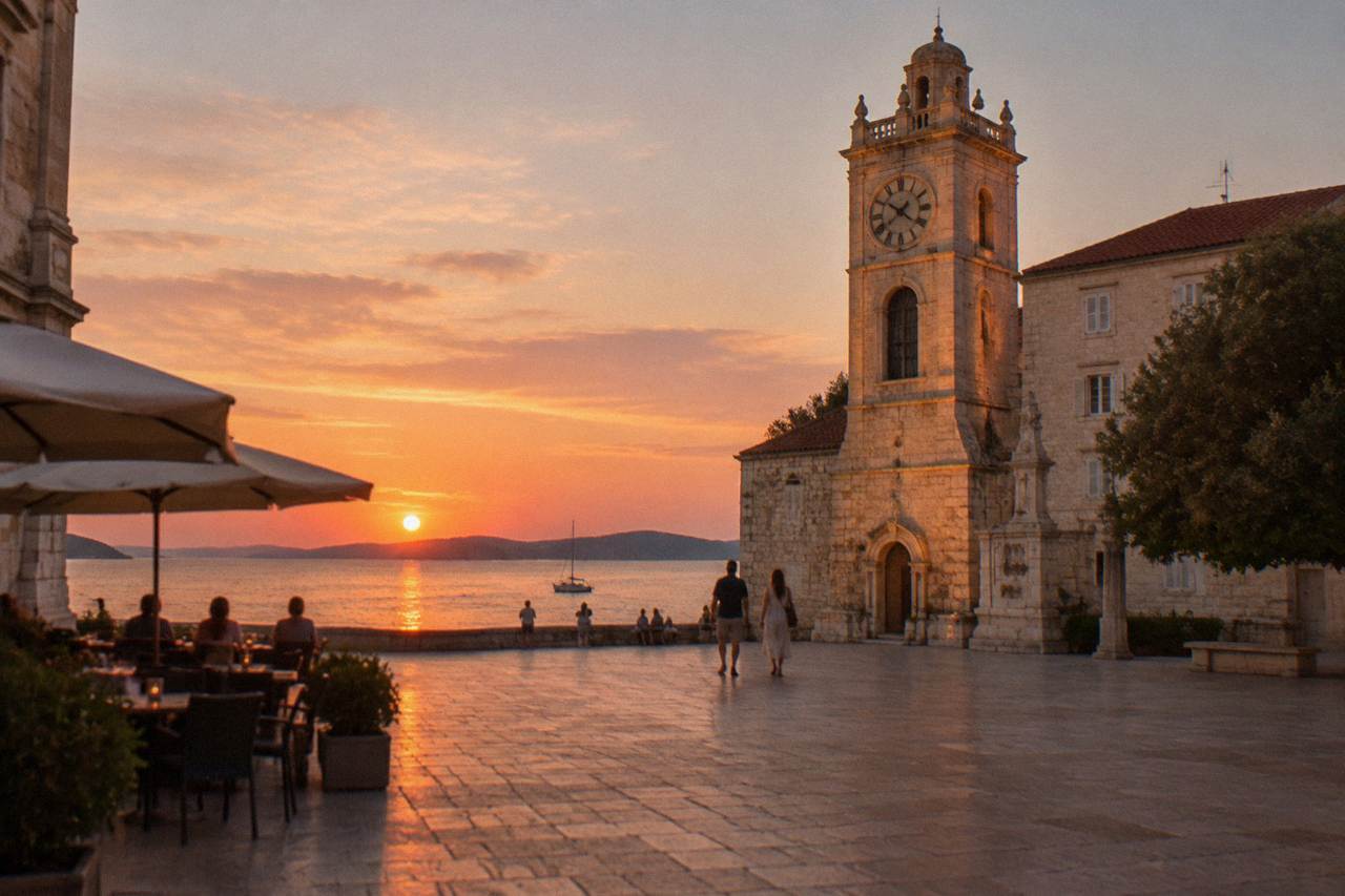People's Square in early evening with a few cafe tables and a pale stone facade glowing in warm light