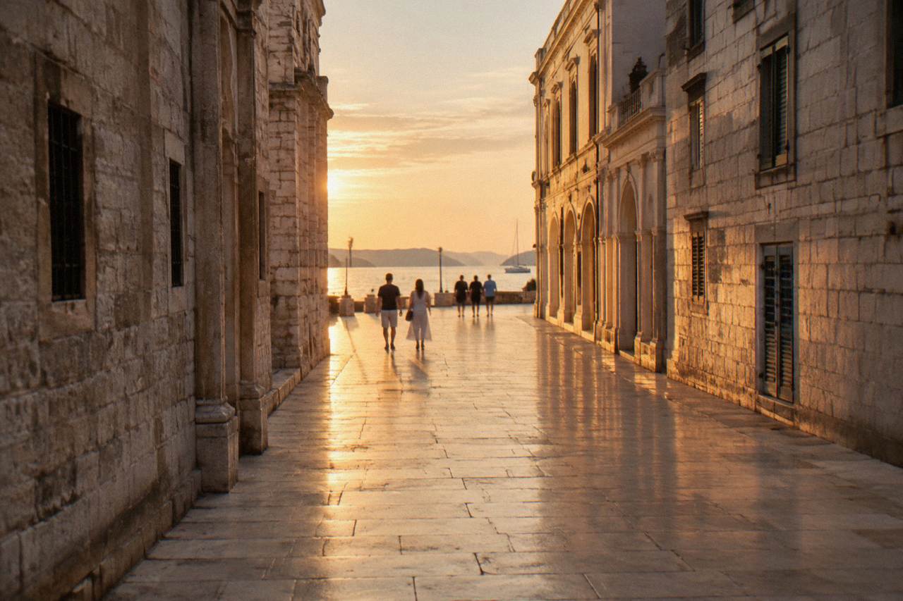 Kalelarga's polished limestone street between historic stone buildings in morning light with a few distant pedestrians