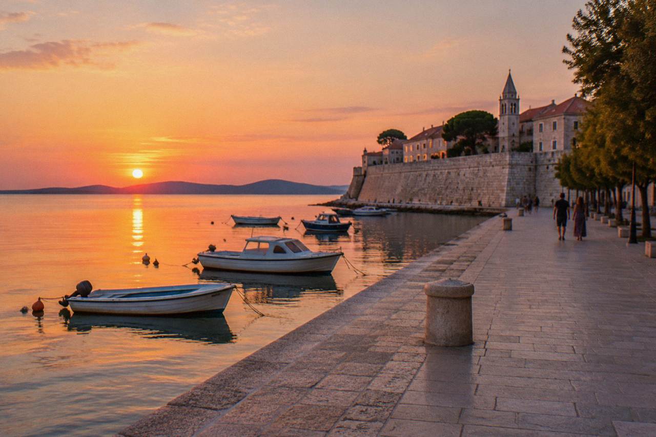 Evening on the Zadar waterfront promenade with pale stone paving, moored boats and calm Adriatic water
