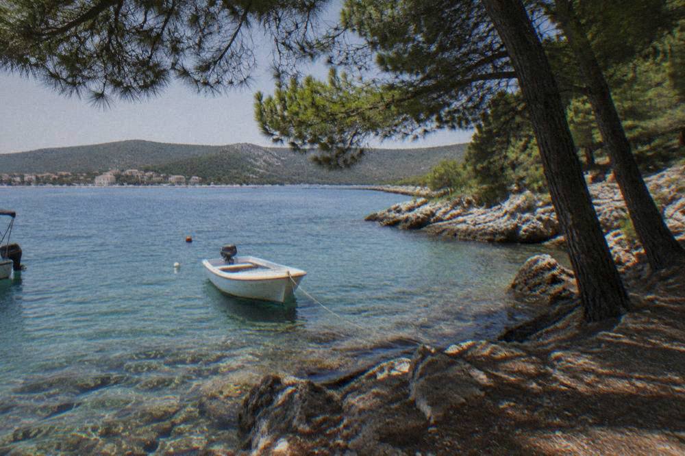 Small boat moored in a rocky pine-lined cove with clear shallow water on Dugi Otok