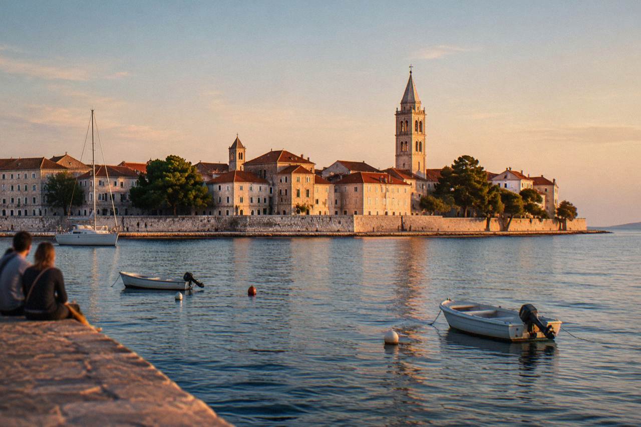 Stone buildings and a bell tower on the Zadar peninsula across calm Adriatic water