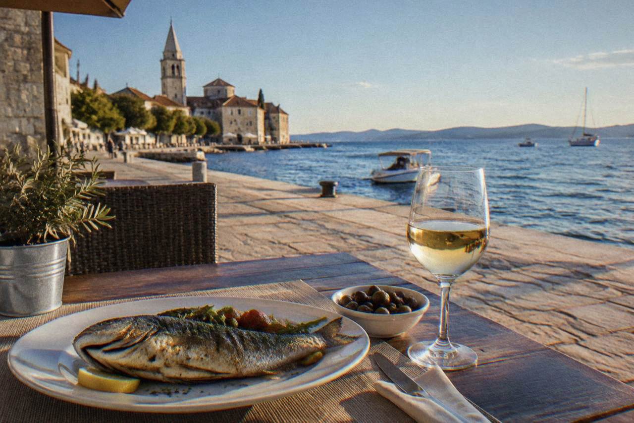 Table with grilled fish, olives and white wine on a seaside stone terrace in Zadar
