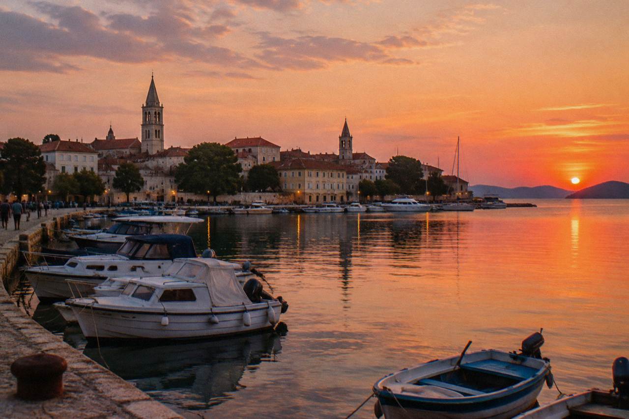 Zadar Old Town rooftops and church towers across the harbour at dusk