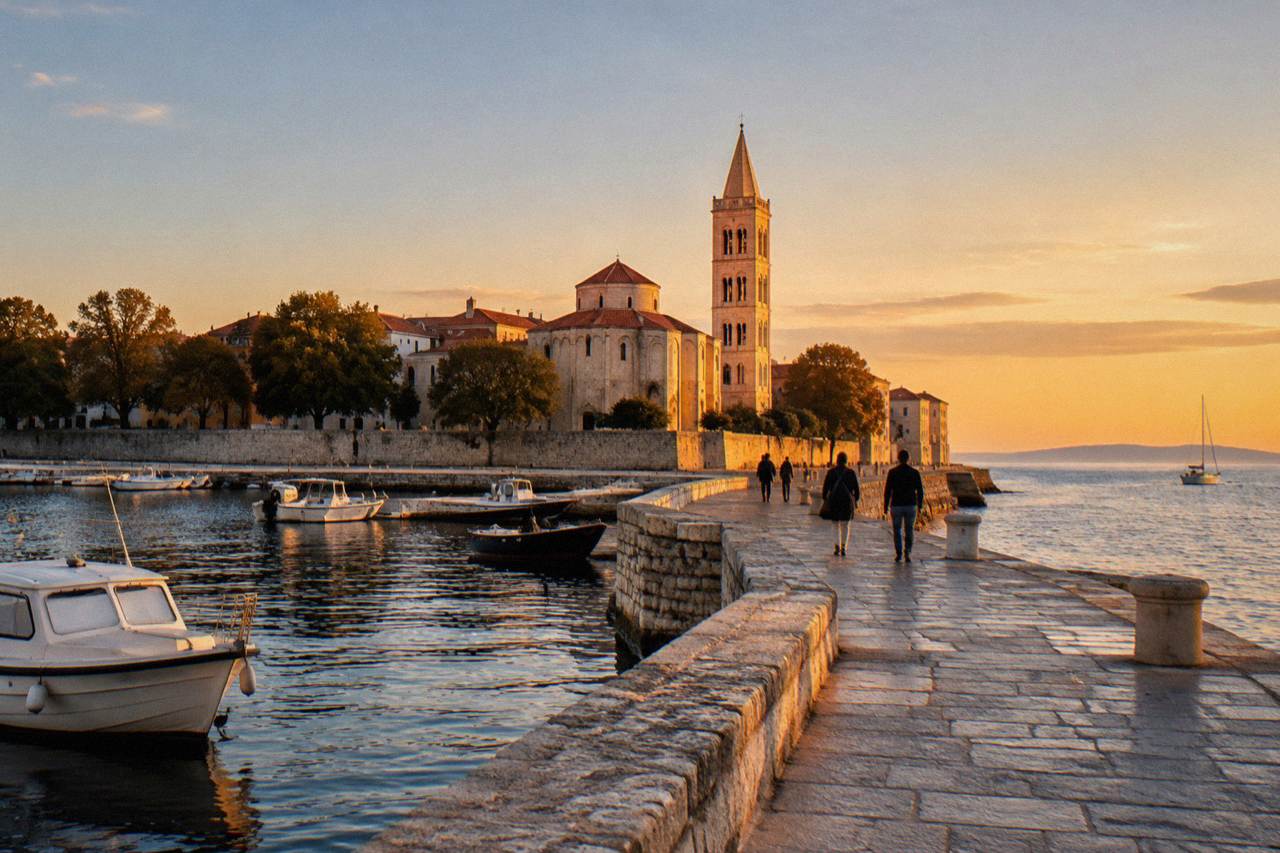 Zadar peninsula at golden hour with calm Adriatic water and warm light on stone walls