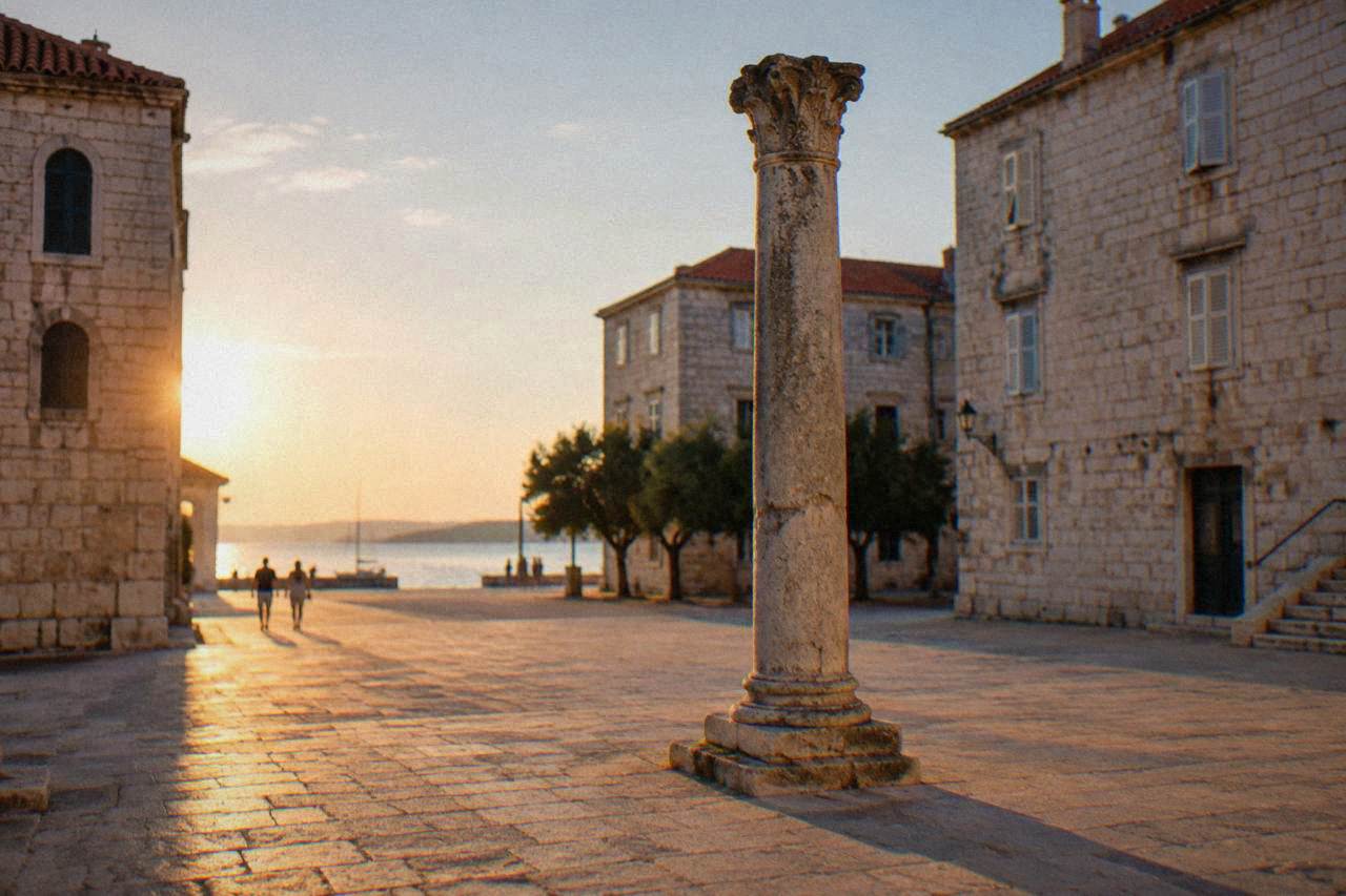 Weathered stone column on a paved square in Zadar's old town surrounded by stone buildings