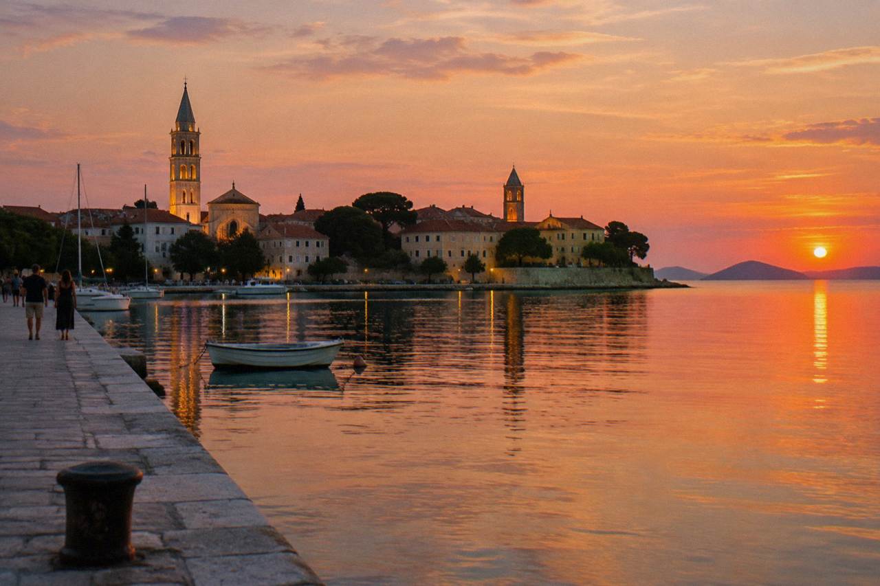 Zadar's Old Town peninsula across the harbour at dusk with church towers and still water