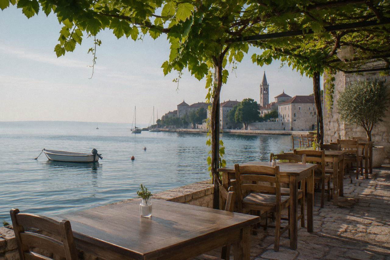 Small stone terrace with plain wooden tables under vine shade beside the sea in Zadar