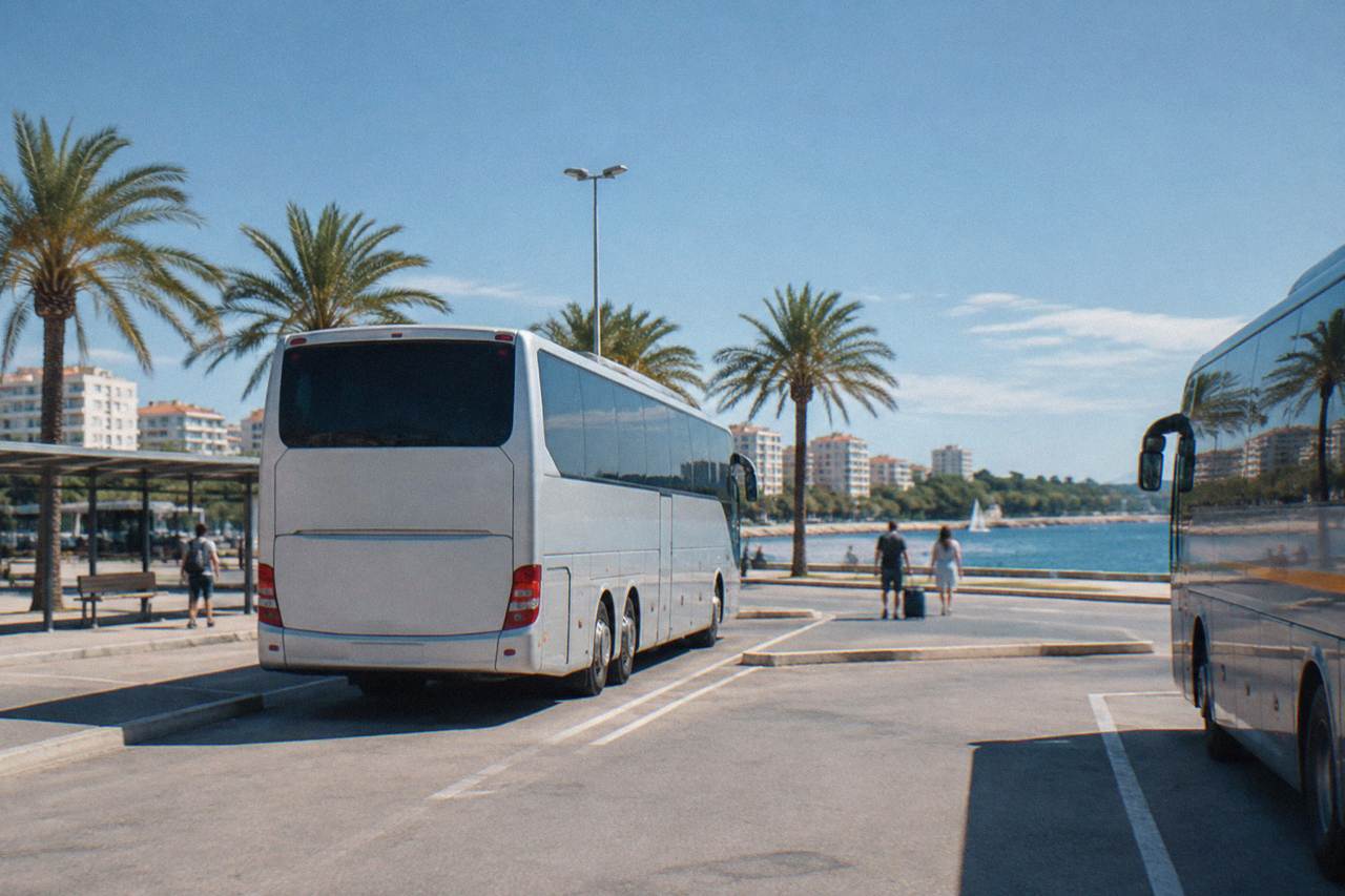 Coaches parked at Zadar bus station with palm trees and apartment blocks behind