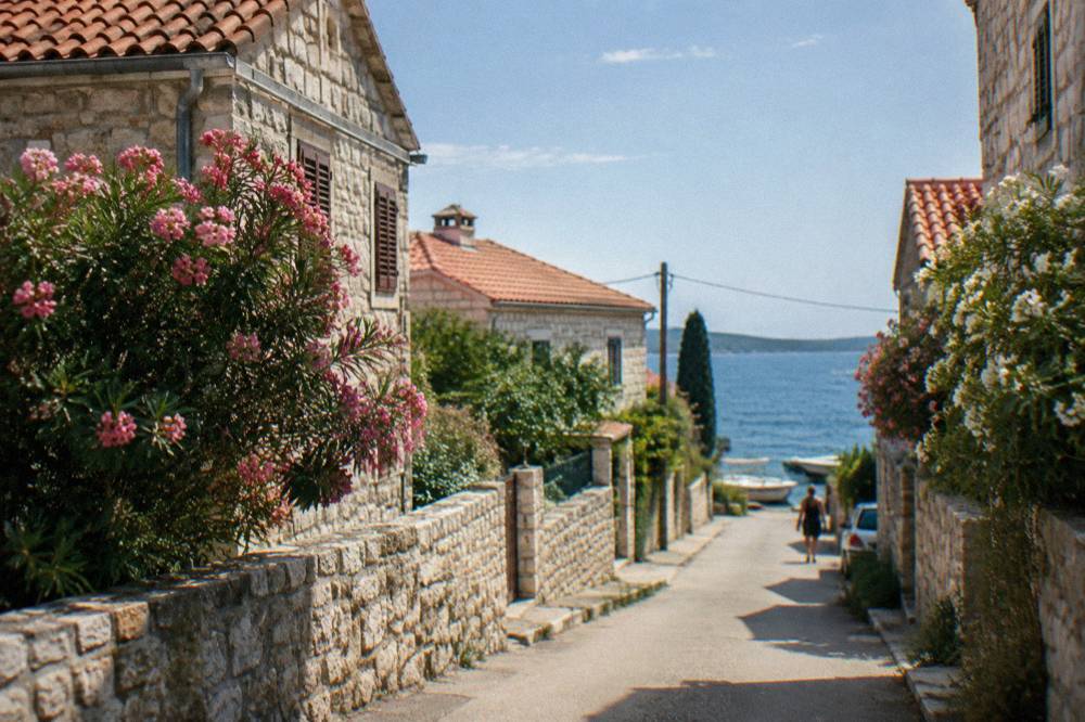 Quiet residential lane in Arbanasi with stone houses and oleander