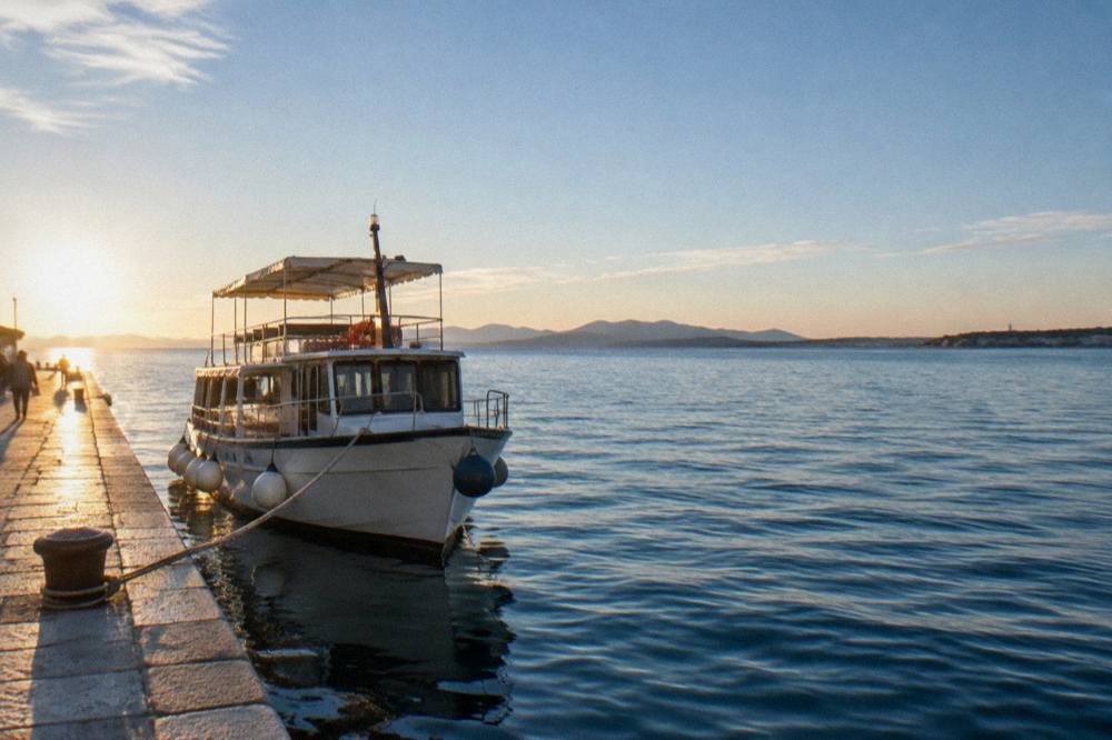 Excursion boat at a stone quay at sunrise with distant islands