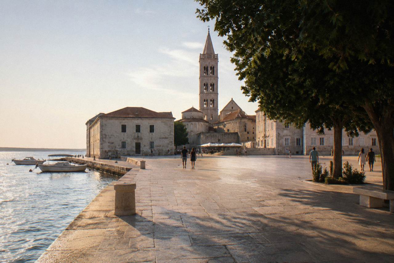 Zadar Old Town square in golden hour light with a bell tower