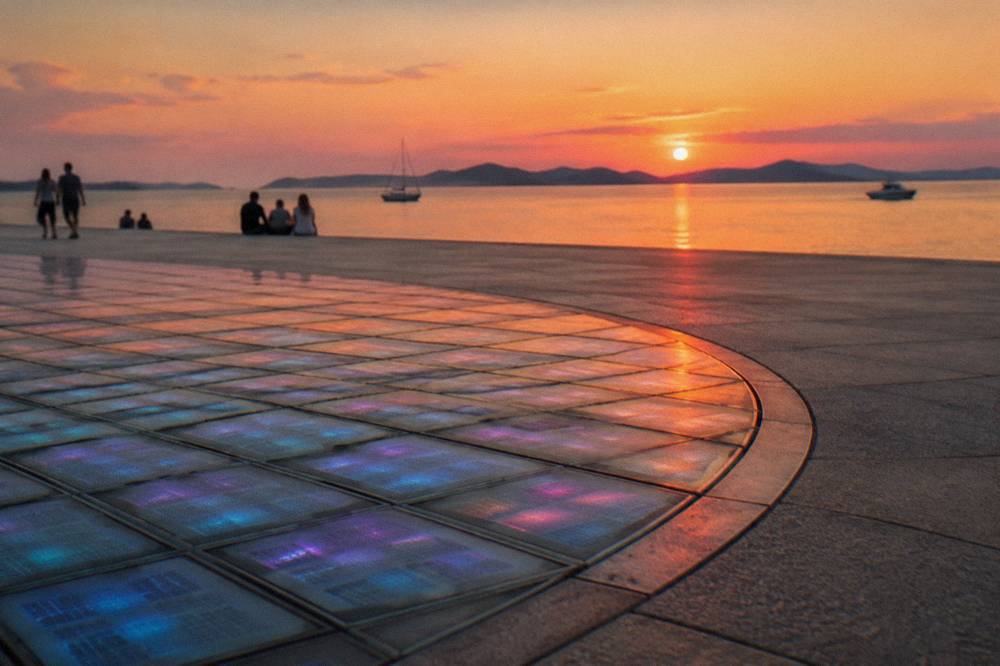 Glass panels in stone paving with a soft glow at dusk