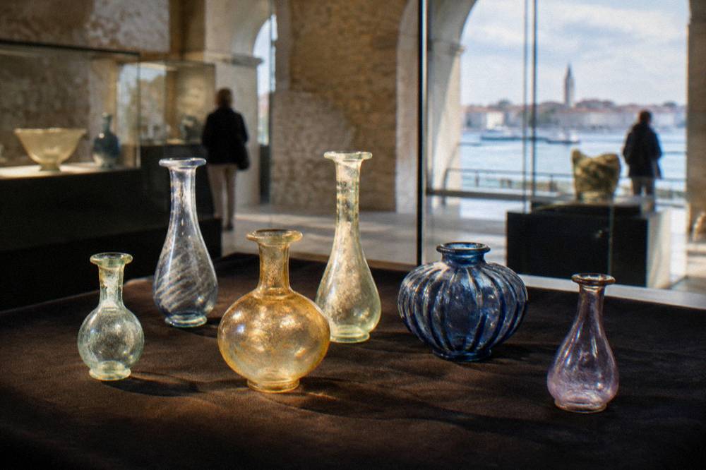 Delicate ancient glass bottles glowing in a spotlight on dark cloth