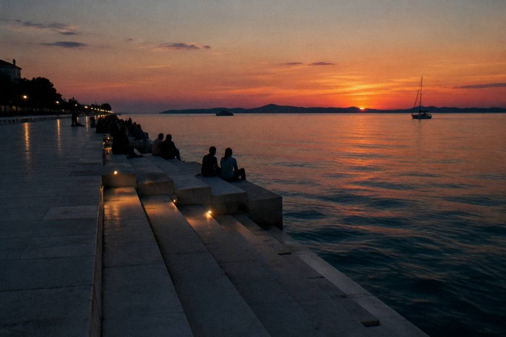Silhouetted evening crowd far off on the marble steps at dusk