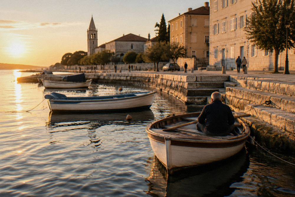 Wooden rowing boats tied in the old harbour by stone steps