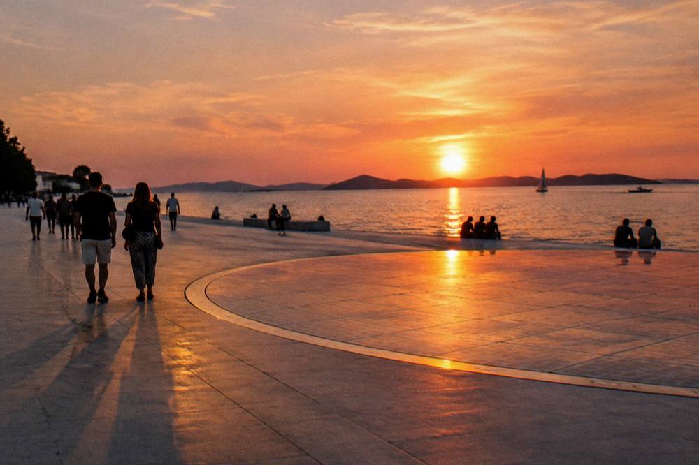 Golden evening light along the promenade with an orange horizon