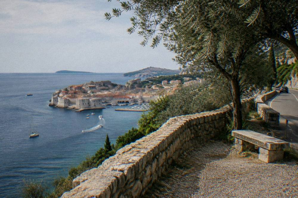 Roadside stop with stone wall and olive trees over the sea