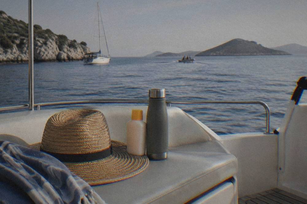 Sun hat and water flask on a boat bench with the sea behind