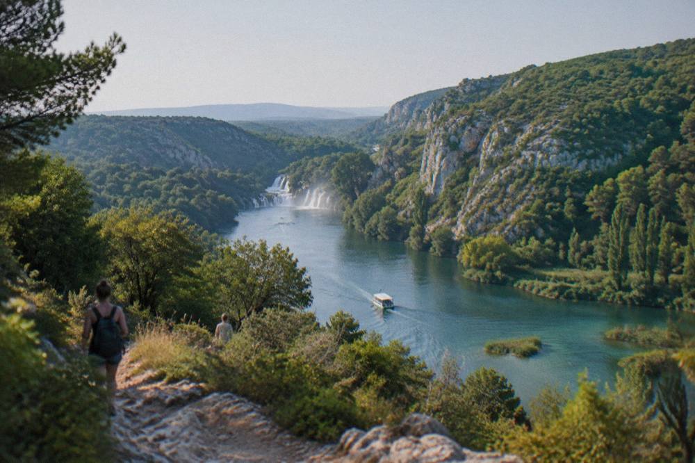 Krka river valley with green hills and limestone cliffs from a viewpoint