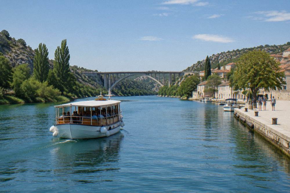 Boat on the calm river approaching a quay at Skradin