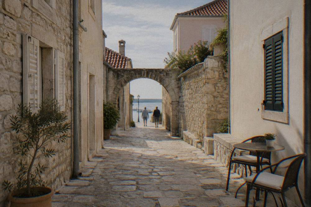 Narrow stone lane in Nin's old town with cafe chairs and a small arch