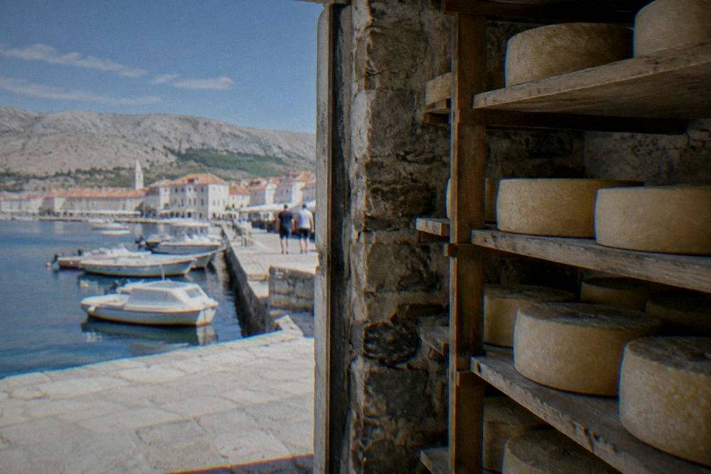 Wheels of pale sheep cheese stacked on wooden shelves in a stone cellar
