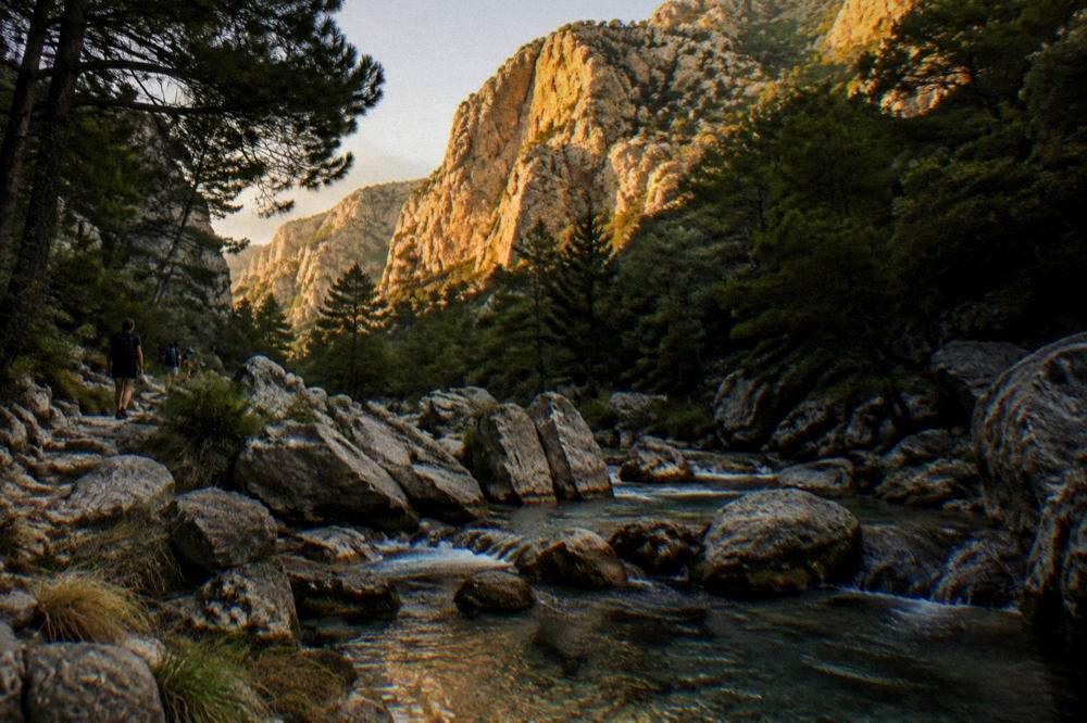 Canyon cliffs turning gold in late light above a clear stream