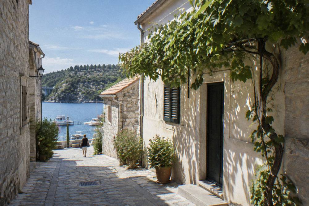 Narrow stone lane in Skradin with a vine over a doorway