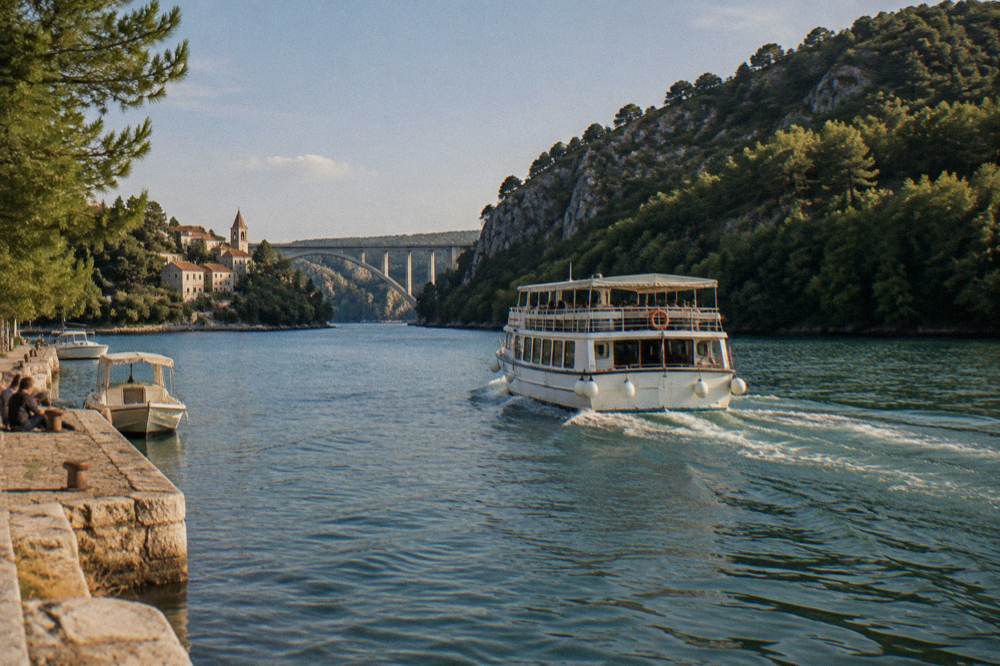 Tour boat leaving the Skradin quay on the green river