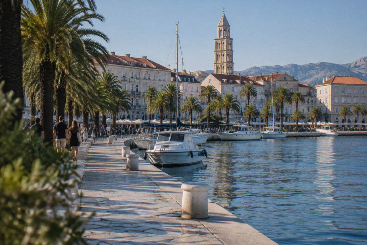 Split Riva promenade with palms, moored boats and a bell tower