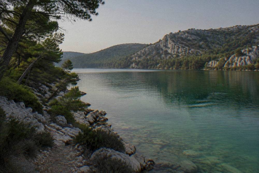 Small salt lake with clear green water, rocky bank and pines