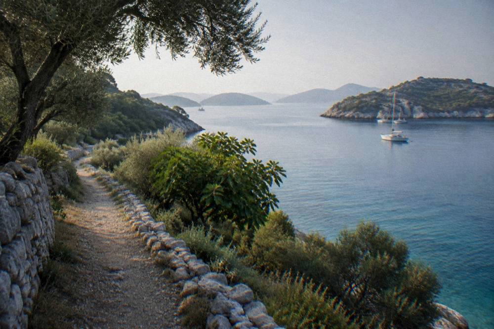 Coastal path beside olive trees and dry stone walls above the sea