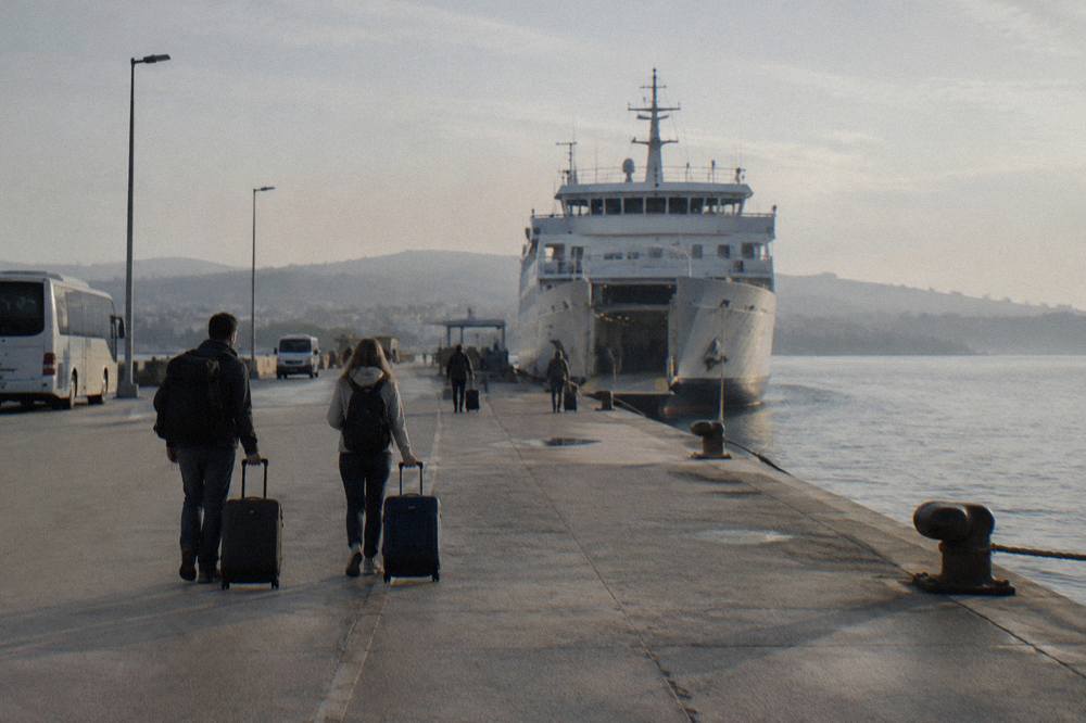 Two travellers with suitcases seen from behind walking along a quay toward a moored ferry.