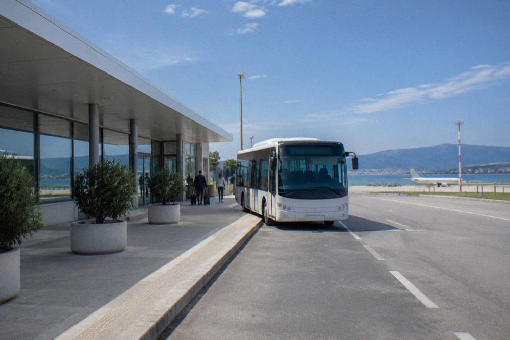 A shuttle bus waiting at the kerb outside a low airport terminal on a bright morning.
