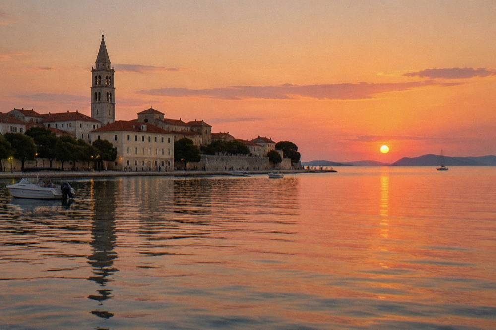The Zadar peninsula at sunset seen from the water with warm light on pale walls.