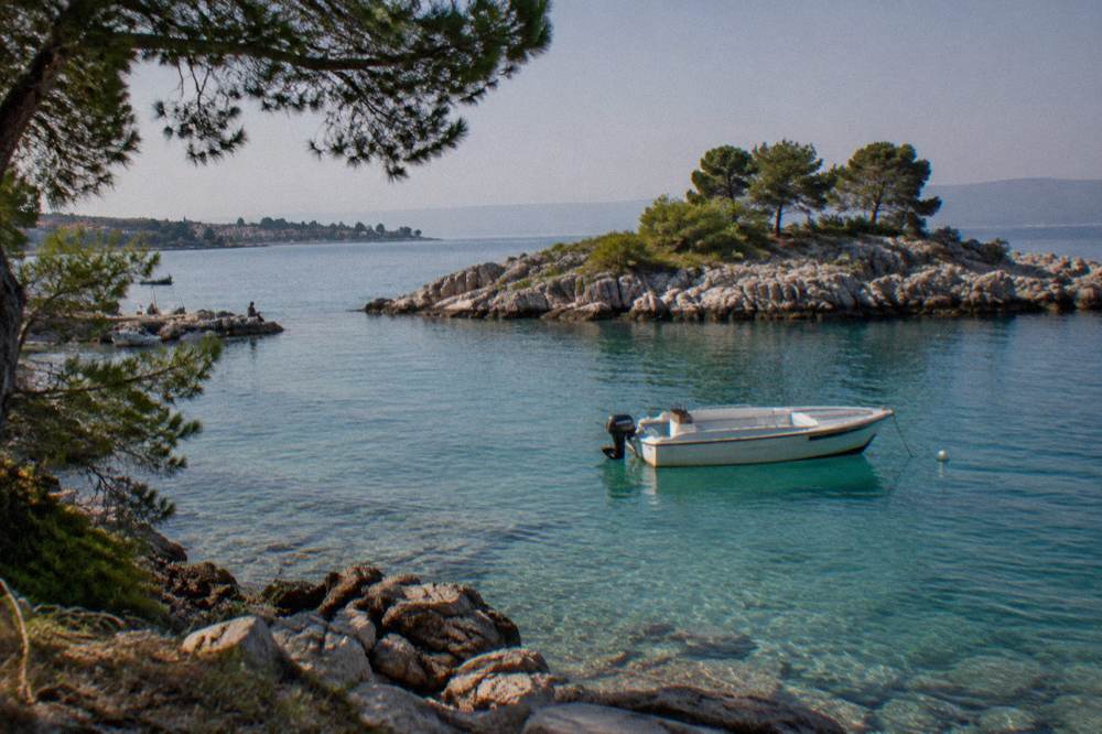 A small boat anchored in clear turquoise water near a pine-covered rocky shore.