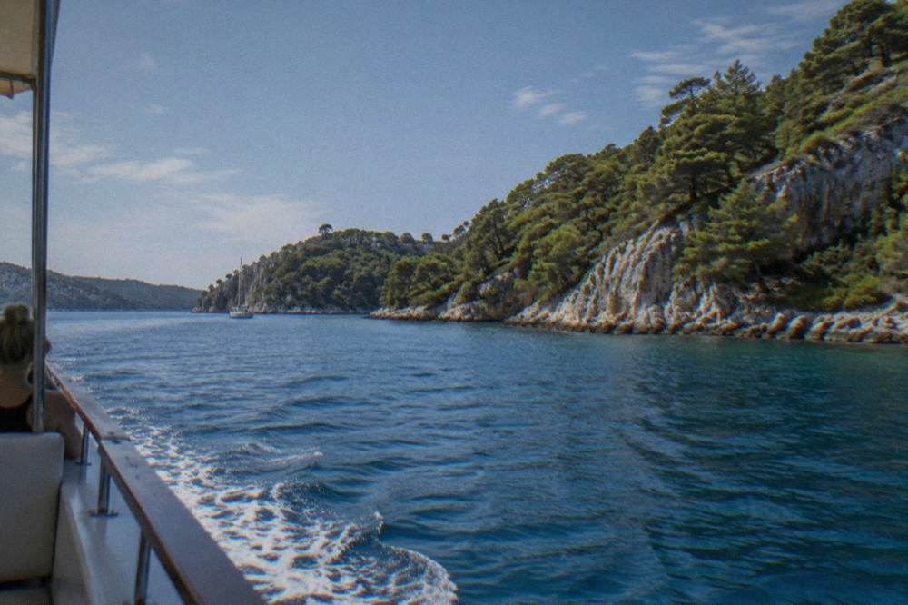 A wooded Croatian island coastline with clear blue water seen from a boat.