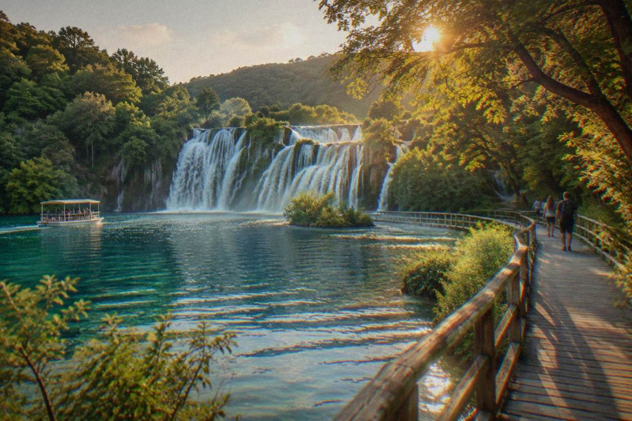 A wooden boardwalk along a turquoise lake toward a wide waterfall in lush green woods.